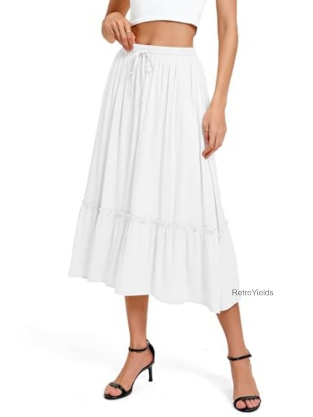 Flowy A-Line Midi Skirt with Pockets Elastic Waist Rayon